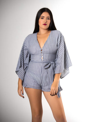 Striped Romper with Butterfly Sleeves