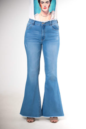 Denim Fringe Waist & Bell Bottom Jean